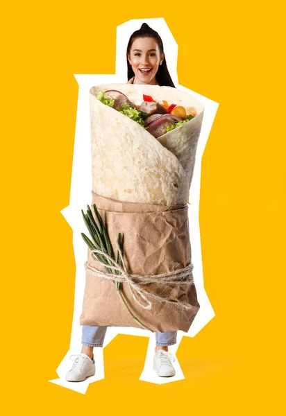 Happy Young Woman Tasty Burrito Instead Her Body Yellow Background — Fotografia de Stock