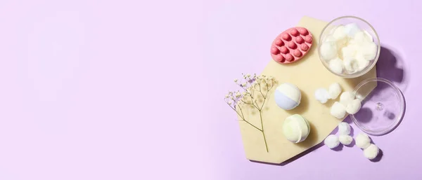 Bath Bombs Massage Soap Cotton Balls Lilac Background Space Text — Fotografia de Stock
