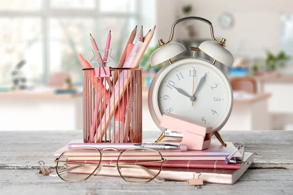 Set School Stationery Clock Table Classroom — Stock Photo, Image