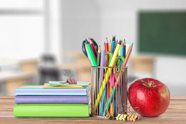 Set School Stationery Apple Table Classroom — Stock Photo, Image