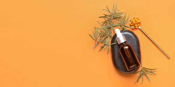 Bottle Healthy Sea Buckthorn Oil Orange Background Space Text — Stock Photo, Image