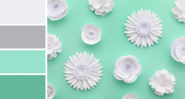 Paper Flowers Mint Background Different Color Patterns — Zdjęcie stockowe