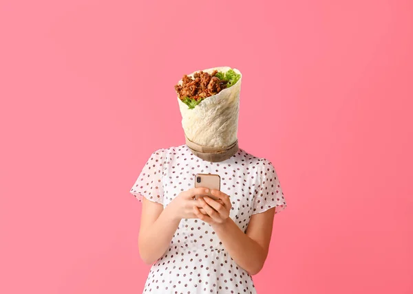 Young Woman Tasty Burrito Instead Her Head Mobile Phone Pink — Stockfoto