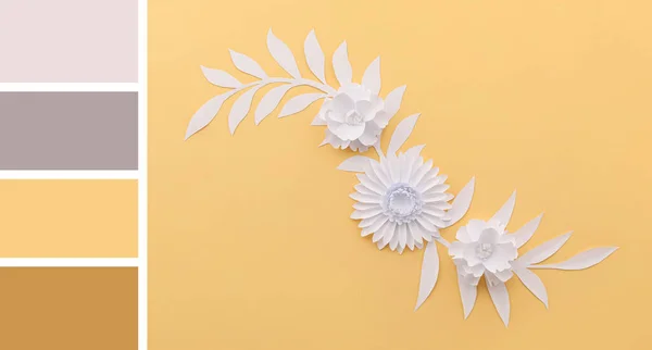 Paper Flowers Leaves Yellow Background Different Color Patterns — 스톡 사진