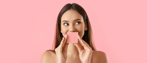 Beautiful Young Woman Soap Pink Background — Foto Stock