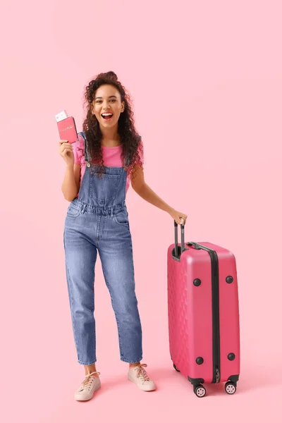 Young African American Woman Passport Suitcase Pink Background — Stock Photo, Image