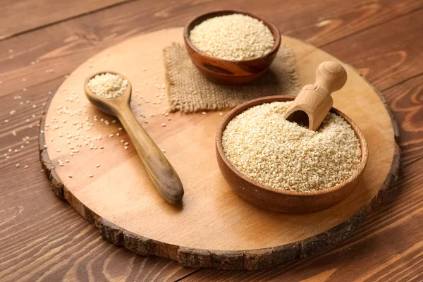 Board Bowls Sesame Seeds Wooden Table — Foto de Stock