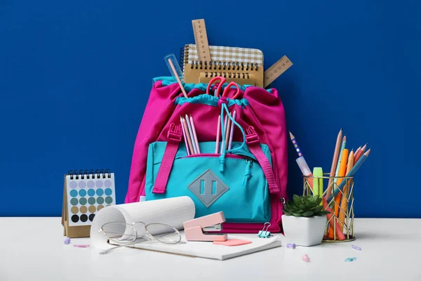 School Backpack Stationery Table Blue Background — Stock Photo, Image