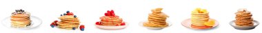 Collage of sweet pancakes on white background