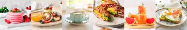 Collage of delicious breakfasts on light background