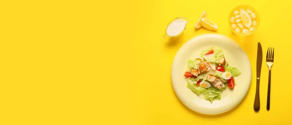 Plate Fresh Caesar Salad Yellow Background Space Text — Stock Photo, Image