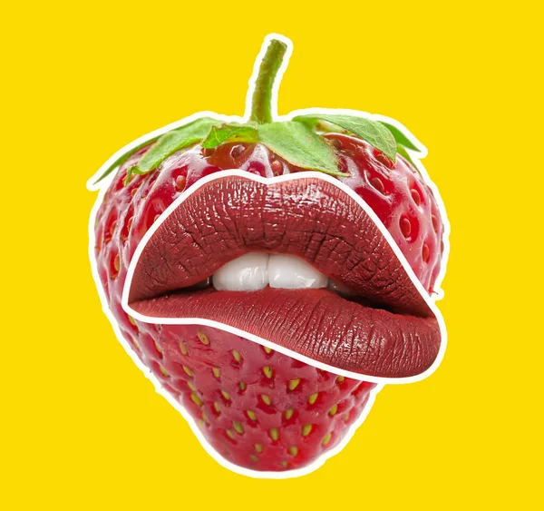 Funny Ripe Strawberry Sexy Red Lips Yellow Background — 스톡 사진