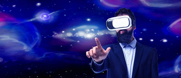 Businessman Wearing Virtual Reality Glasses Blue Background Stars Planets — Stockfoto