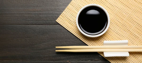 Bowl Soy Sauce Chopsticks Dark Wooden Background Space Text Top — Stock Photo, Image