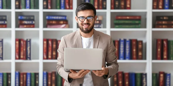 Handsome Male Student Laptop Library — Stock Photo, Image