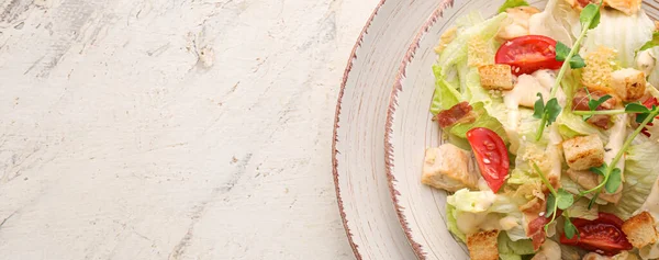 Plate Tasty Caesar Salad Light Background Space Text Closeup — Φωτογραφία Αρχείου