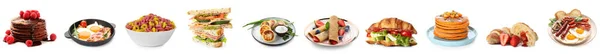 Collage Von Leckeren Frühstücken Isoliert Auf Weiß — Stockfoto