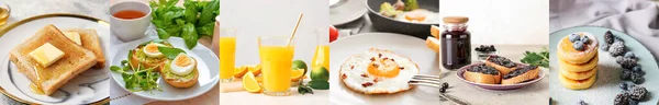 Collage Von Leckeren Frühstücken Auf Hellem Hintergrund — Stockfoto