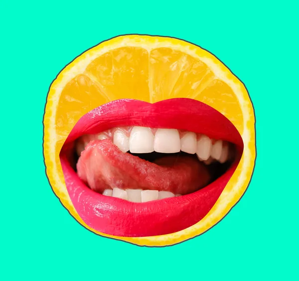 Divertente Limone Maturo Con Labbra Rosse Sfondo Menta — Foto Stock