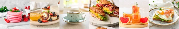 Collage Delicious Breakfasts Light Background — 스톡 사진