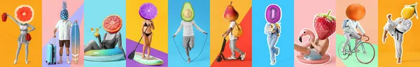 Conjunto Pessoas Com Frutas Diferentes Vez Suas Cabeças Fundo Cor — Fotografia de Stock