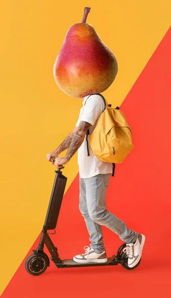 Tattooed Student Ripe Pear Instead His Head Kick Scooter Color — Φωτογραφία Αρχείου
