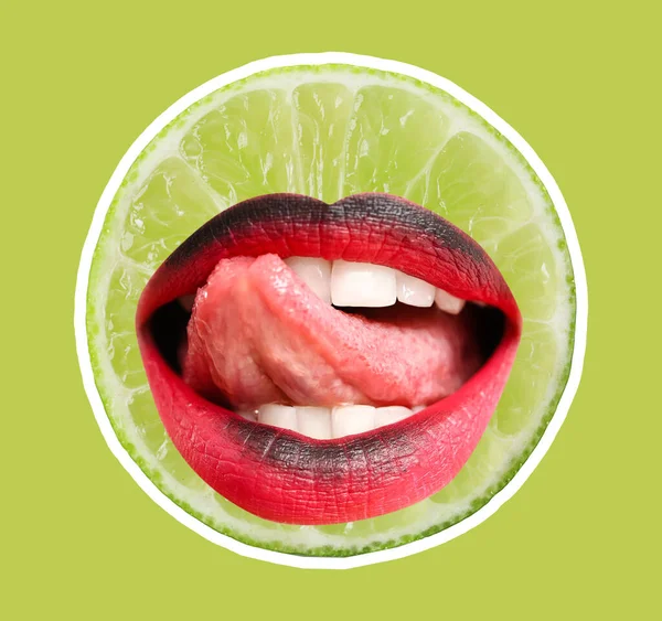 Funny Ripe Lime Red Lips Green Background — Photo