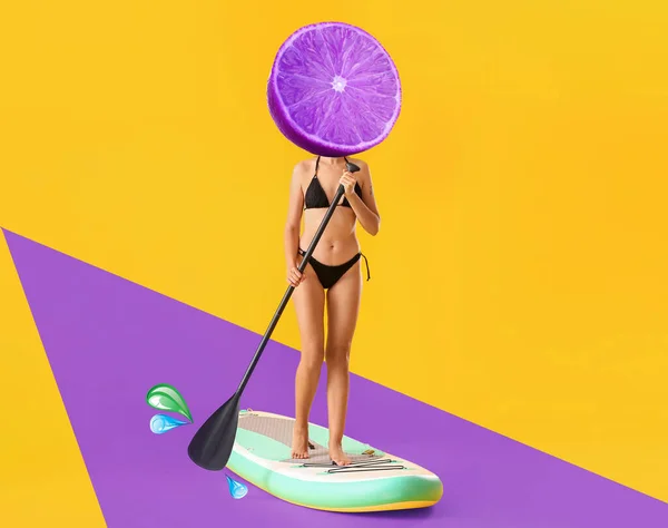 Woman Ripe Lime Instead Her Head Board Sup Surfing Color — Stock Photo, Image