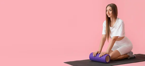 Young Woman Foam Roller Pink Background Space Text — Foto de Stock