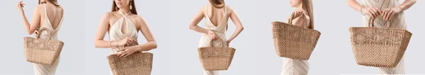 Set Young Woman Stylish Rattan Bag Light Background — стоковое фото
