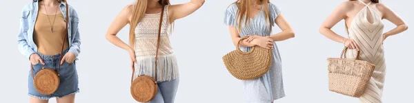 Set Young Women Stylish Rattan Bags Light Background — Stock Fotó