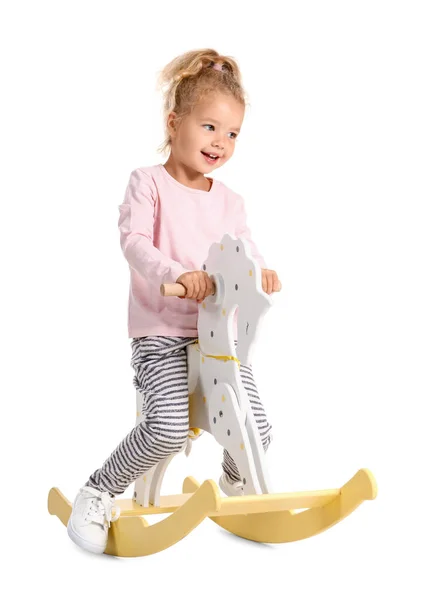Adorable Little Girl Rocking Horse White Background — Stock Photo, Image