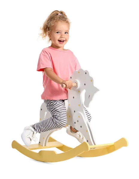 Funny Little Girl Rocking Horse White Background — Photo