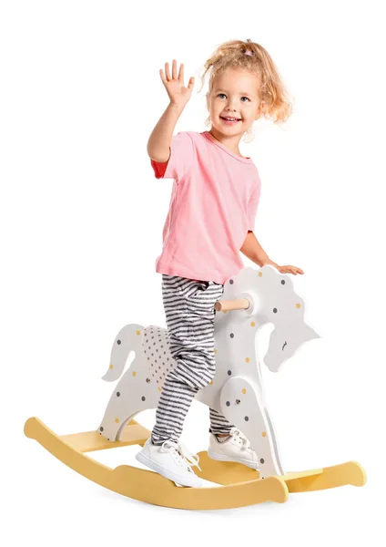 Cute Little Girl Rocking Horse Waving Hand White Background — Photo