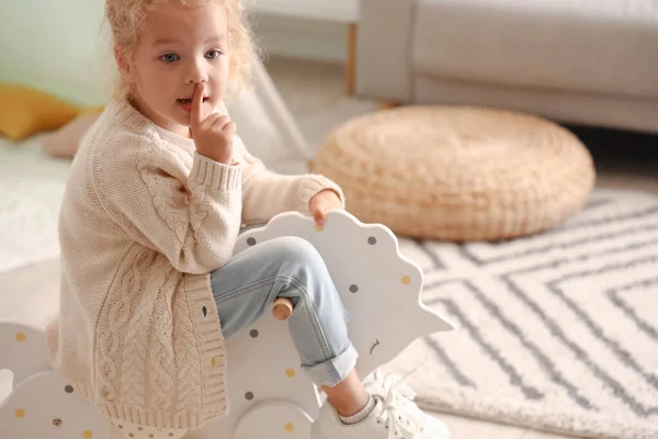 Cute Little Girl Playing Rocking Horse Home — Photo