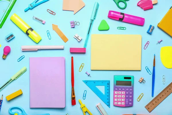 Different School Stationery Blue Background — Stock Photo, Image