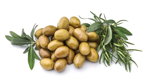 Heap Green Olives Rosemary White Background — Stock Photo, Image
