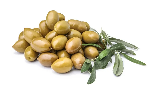 Heap Green Olives Leaves White Background — Stock Photo, Image