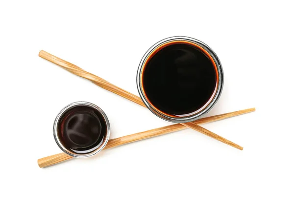 Bowls Soy Sauce Chopsticks White Background — Stock Photo, Image