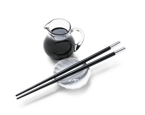 Jug Soy Sauce Chopsticks White Background — Stock Photo, Image