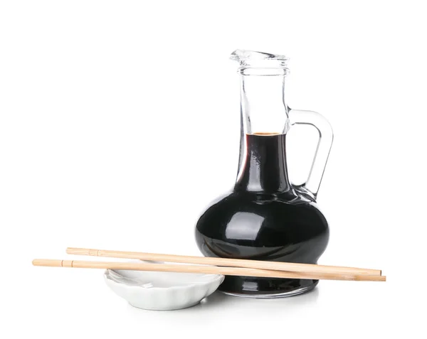 Jug Soy Sauce Chopsticks White Background — Stock Photo, Image