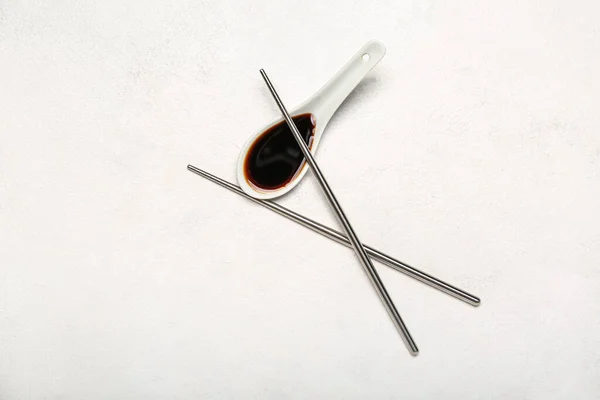 Spoon Soy Sauce Chopsticks White Background — Stockfoto