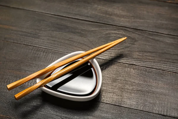 Bowl Soy Sauce Chopsticks Dark Wooden Background — Stock Photo, Image