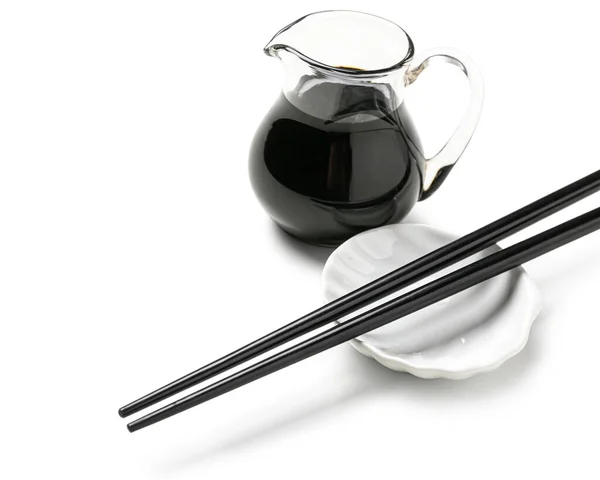 Jug Soy Sauce Chopsticks White Background Royalty Free Stock Images