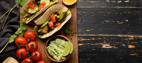 Tacos Tomatoes Tasty Guacamole Black Wooden Background Top View — Stock Photo, Image