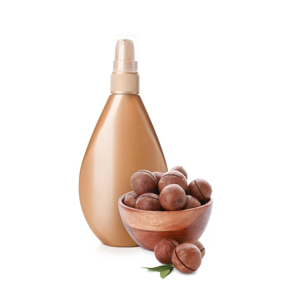 Bottle Natural Cosmetics Macadamia Nuts White Background — ストック写真