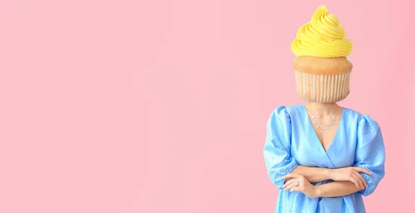 Woman Sweet Cupcake Instead Her Head Pink Background Space Text — Fotografia de Stock