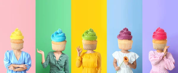 Women Sweet Cupcakes Instead Heads Color Background — Stock Photo, Image