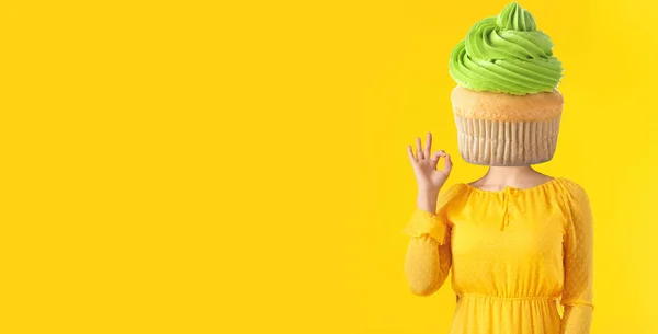 Woman Sweet Cupcake Instead Her Head Yellow Background Space Text — Stock Photo, Image