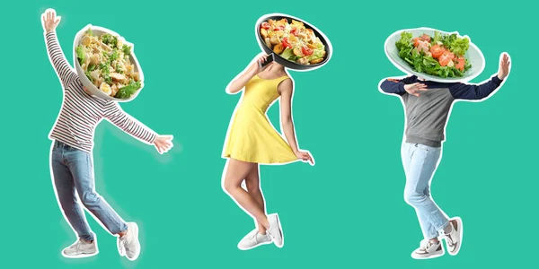 Dancing People Plates Tasty Caesar Salad Instead Heads Green Background — Stock Photo, Image